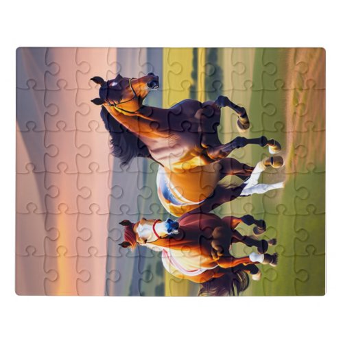 A Family of Horses Running Through the Grass on Jigsaw Puzzle