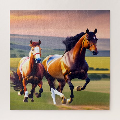 A Family of Horses Running Through the Grass on Jigsaw Puzzle