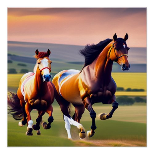 A Family of Horses Running Through the Grass on Poster