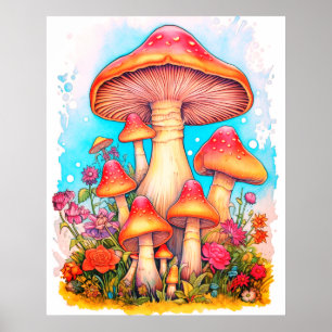 A Family Of Mushrooms White Background On a Wall Poster