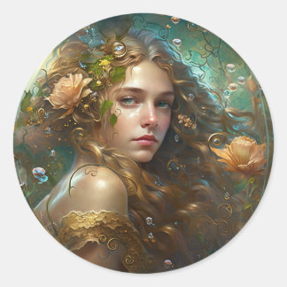 A fantasy mermaid with flowing hair and bubbles classic round sticker