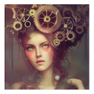A fantasy woman with steampunk gears on her head acrylic print