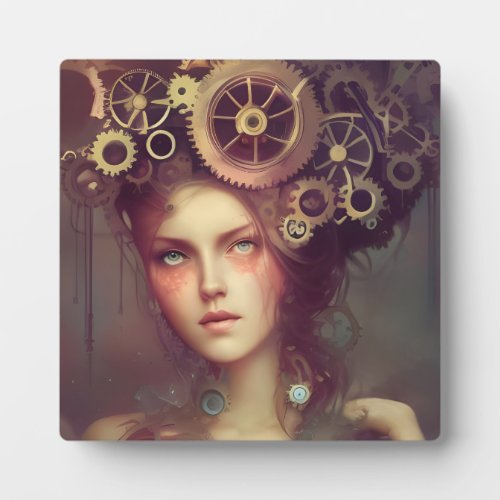 A fantasy woman with steampunk gears on her head plaque