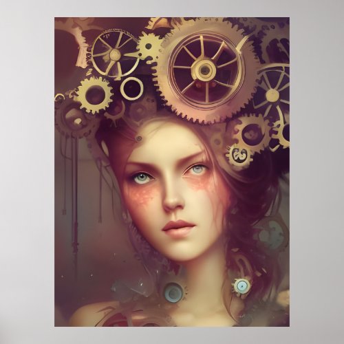 A fantasy woman with steampunk gears on her head poster