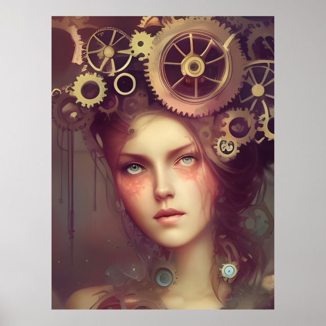 A fantasy woman with steampunk gears on her head poster (Front)