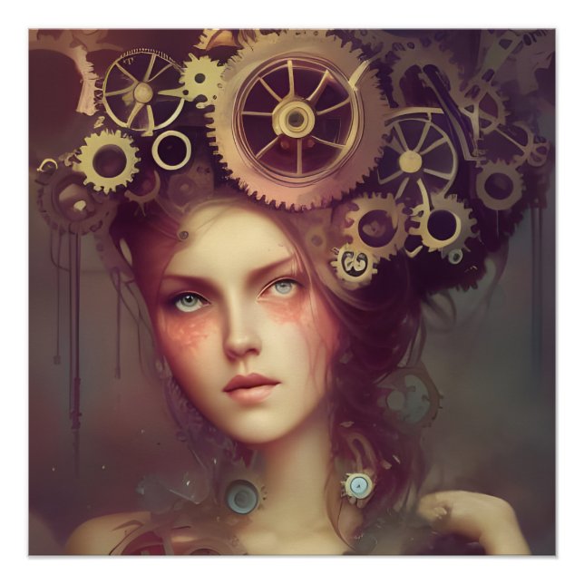 A fantasy woman with steampunk gears on her head poster (Front)
