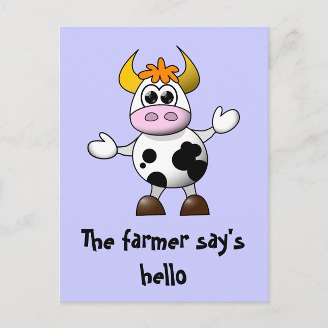 A Farmer says Hello Funny Cartoon Cow Postcard (Front)