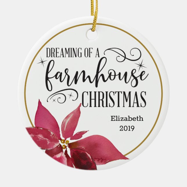 A Farmhouse Christmas Poinsettia Ceramic Ornament (Front)