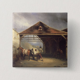 A Farrier shoeing a Horse Button