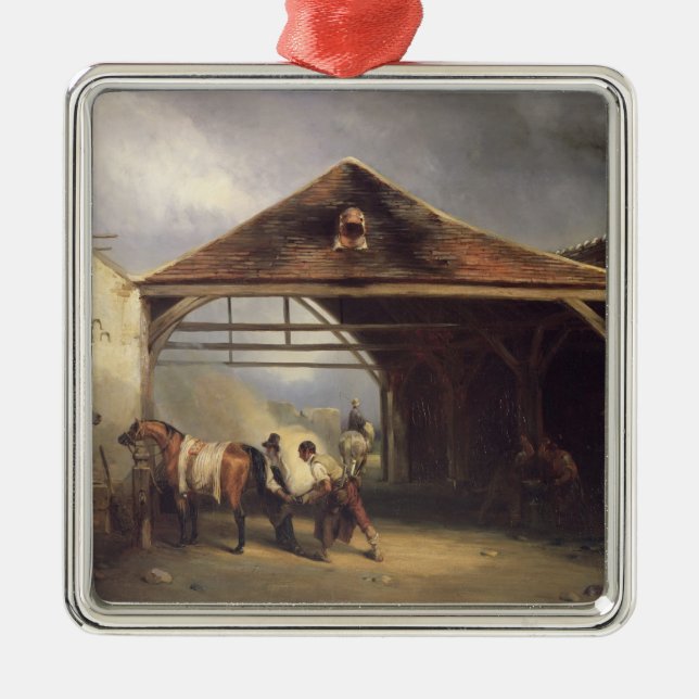 A Farrier shoeing a Horse Metal Ornament (Front)