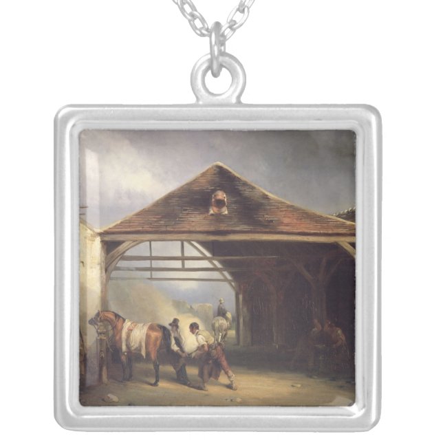A Farrier shoeing a Horse Silver Plated Necklace (Front)