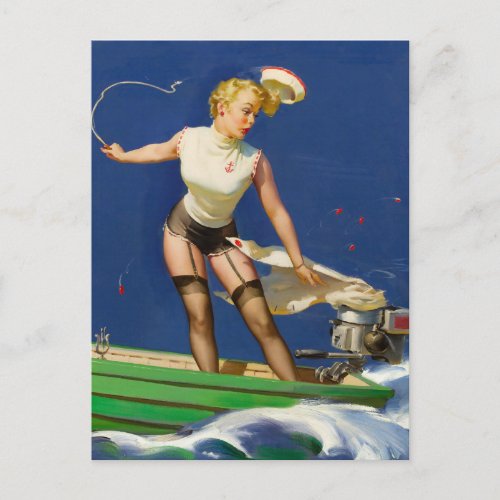 A Fast Takeoff Boat Pin Up Art Postcard