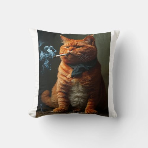 A fat red cat smokes throw pillow