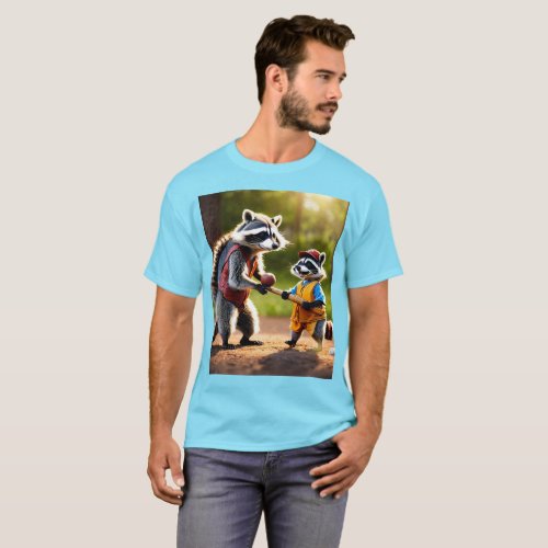 A father and son raccoon playing baseball while ce T_Shirt