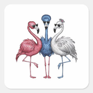 A featuring three unique flamingos that are quite square sticker
