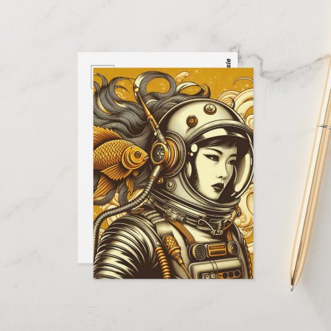A female astronaut and a goldfish postcard (Front/Back In Situ)