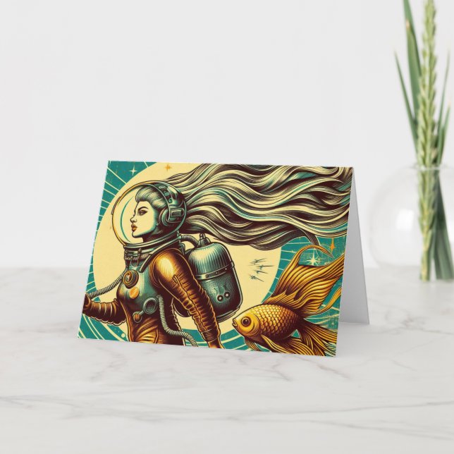 A female astronaut and goldfish Retro All Occasion Card (Front)
