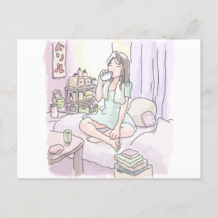 a female illustration of a woman who skips over th holiday postcard