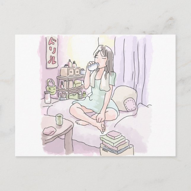 a female illustration of a woman who skips over th holiday postcard (Front)