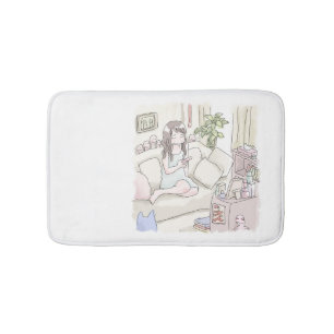 a female illustration of someone tossing his foot bath mat