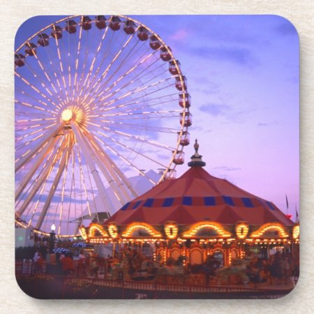 A Ferris Wheel And Carousel At The Navy Pier In Beverage Coaster