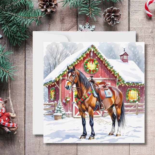 A Festive Brown Horse and Winter Barn Christmas Card (Creator Uploaded)