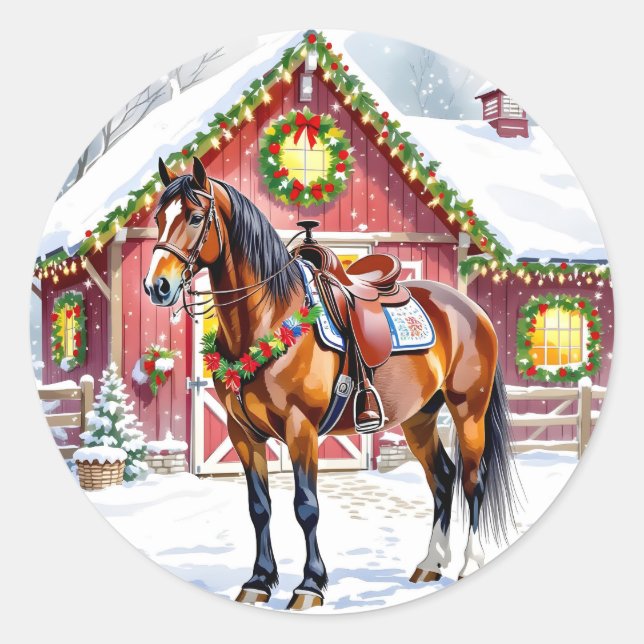 A Festive Brown Horse and Winter Barn Christmas Classic Round Sticker (Front)