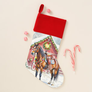 A Festive Brown Horse and Winter Barn Christmas Stocking