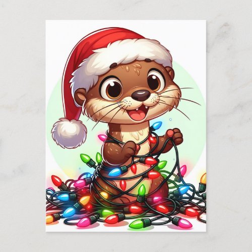 A Festive Christmas Otter Wrapped in Lights Postcard