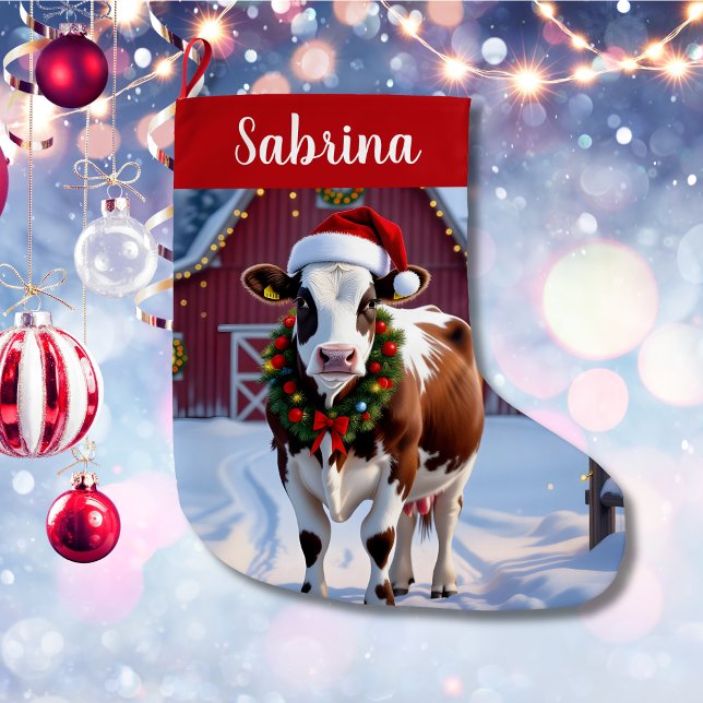 A Festive Cow Country Christmas Personalized Large Christmas Stocking (Creator Uploaded)