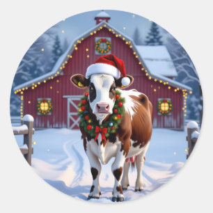 A Festive Cow in Santa Hat Country Christmas Classic Round Sticker