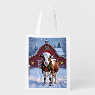 A Festive Cow in Santa Hat Country Christmas Grocery Bag