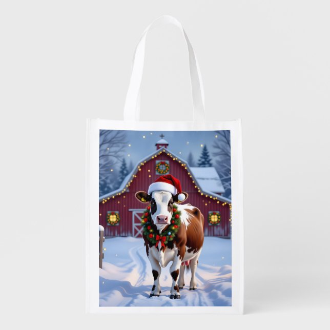 A Festive Cow in Santa Hat Country Christmas  Grocery Bag (Front)