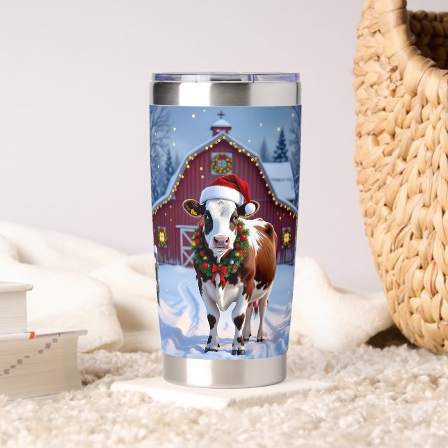 A Festive Cow in Santa Hat Country Christmas   Insulated Tumbler (Living Room (Rotated))