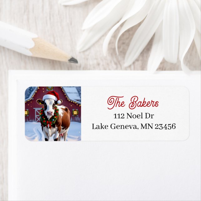 A Festive Cow in Santa Hat Country Christmas Label (Insitu)