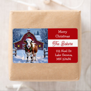 A Festive Cow in Santa Hat Country Christmas Label