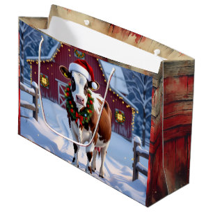 A Festive Cow in Santa Hat Country Christmas Large Gift Bag