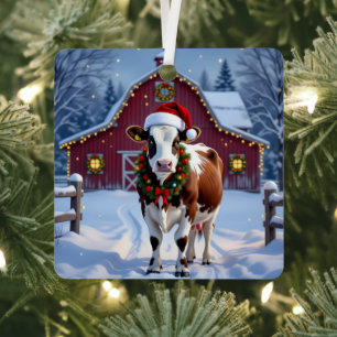 A Festive Cow in Santa Hat Country Christmas   Metal Ornament