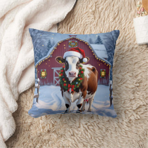 A Festive Cow in Santa Hat Country Christmas Throw Pillow