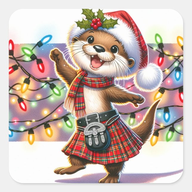 A Festive Scottish Christmas Otter Square Sticker (Front)