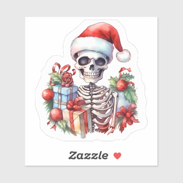 A Festive Skeleton in a Santa Hat With Gifts Sticker (Sheet)