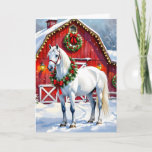 A Festive White Horse and Winter Barn Christmas Card