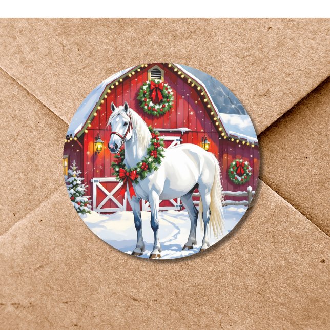 A Festive White Horse and Winter Barn Christmas Classic Round Sticker (Creator Uploaded)