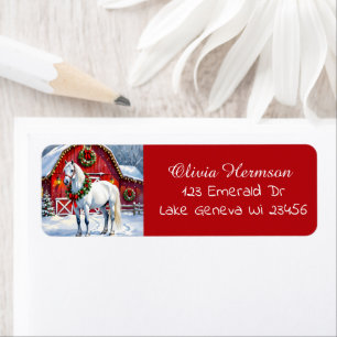 A Festive White Horse and Winter Barn Christmas Label