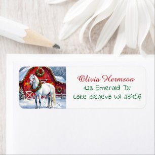 A Festive White Horse and Winter Barn Christmas Label