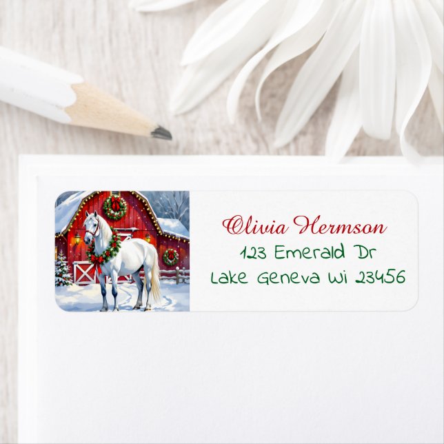 A Festive White Horse and Winter Barn Christmas Label (Insitu)