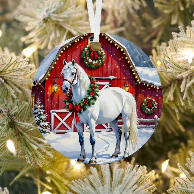 A Festive White Horse and Winter Barn Christmas Metal Ornament (Insitu)