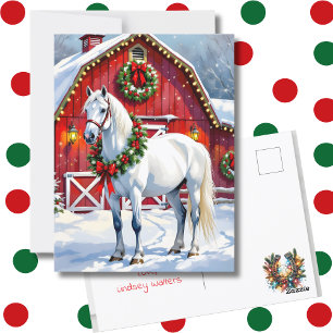 A Festive White Horse and Winter Barn Christmas Postcard