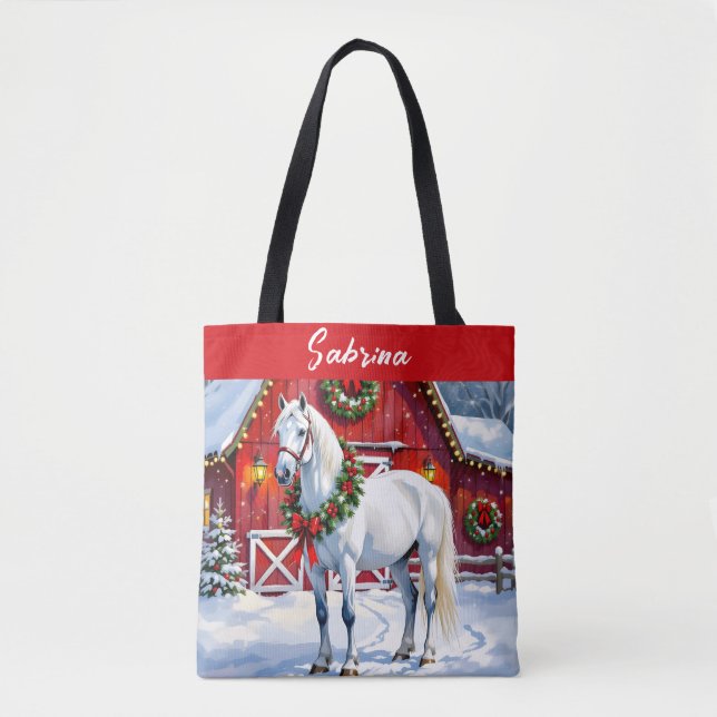 A Festive White Horse and Winter Barn Christmas Tote Bag (Front)