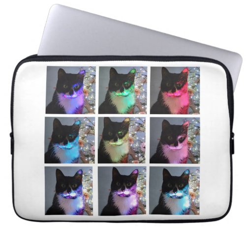 A few colors of the rainbow laser light tuxedo cat laptop sleeve